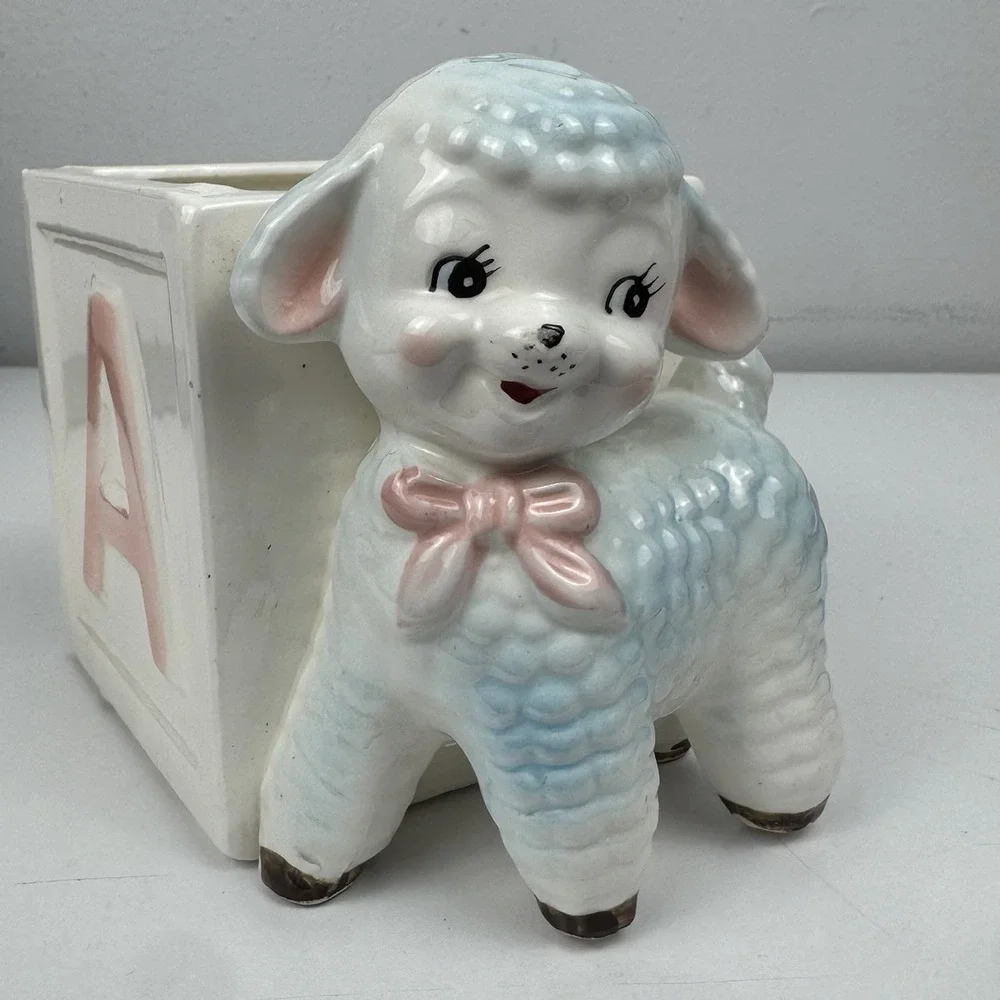 Vtg Inarco‎ Japan Baby Lamb Planter ABC Block Nursery Kitsch 1950s